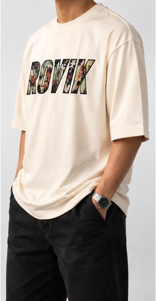 ROVIK Floral Logo Oversized Tee – Cream