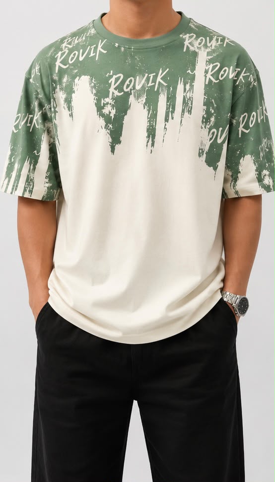 ROVIK Abstract Brush Graphic Oversized Tee – Sage Green & Cream