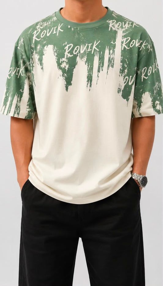ROVIK Abstract Brush Graphic Oversized Tee – Sage Green & Cream