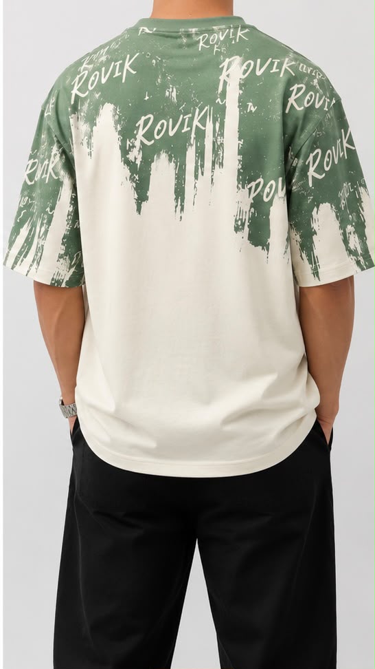 ROVIK Abstract Brush Graphic Oversized Tee – Sage Green & Cream