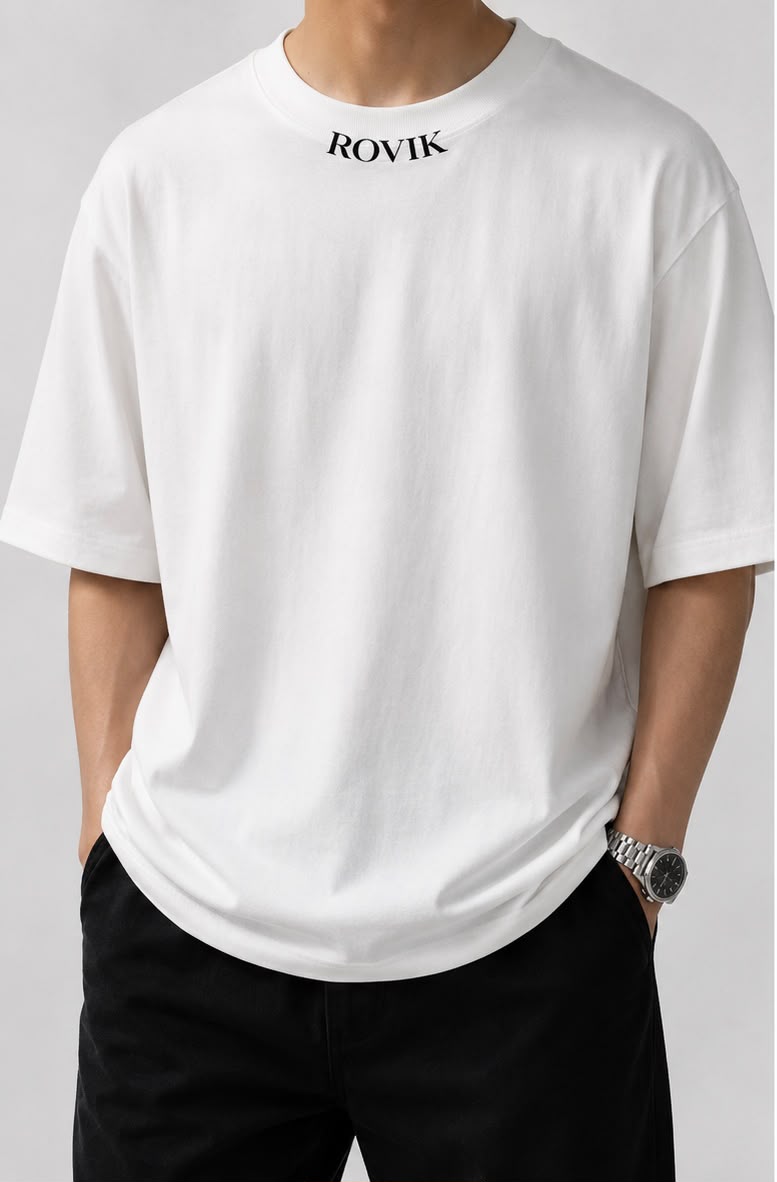 ROVIK Collar Print Oversized Tee – White
