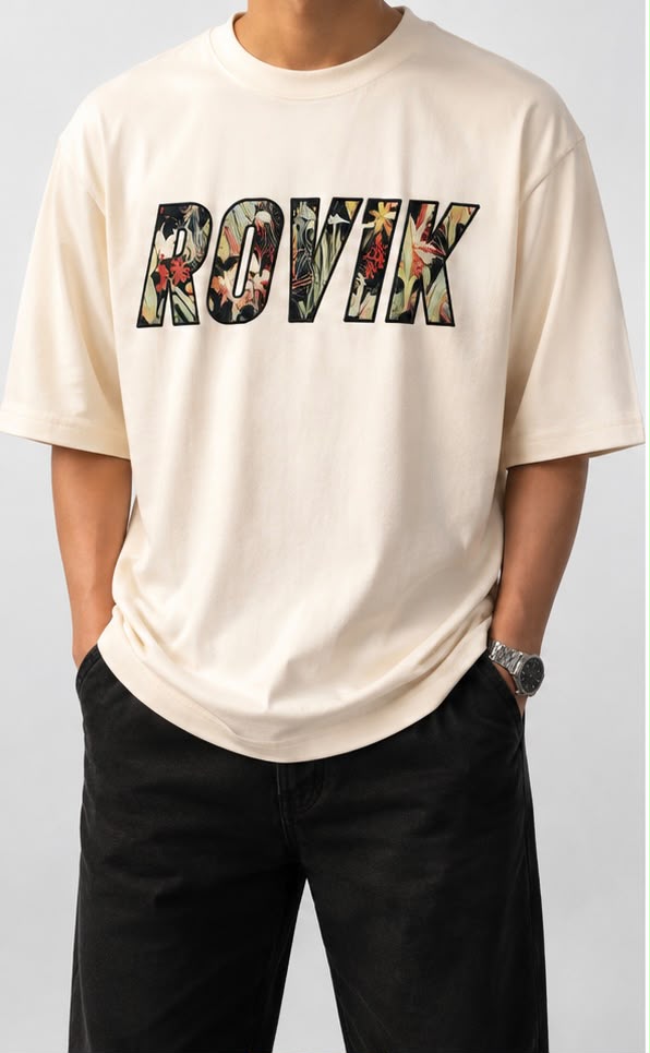 ROVIK Floral Logo Oversized Tee – Cream