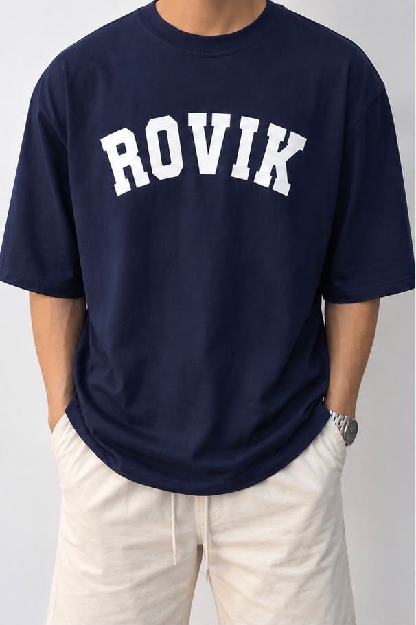 ROVIK Collegiate Arch Logo Oversized Tee – Navy Blue