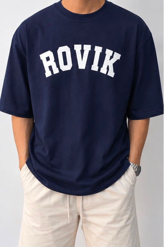 ROVIK Collegiate Arch Logo Oversized Tee – Navy Blue