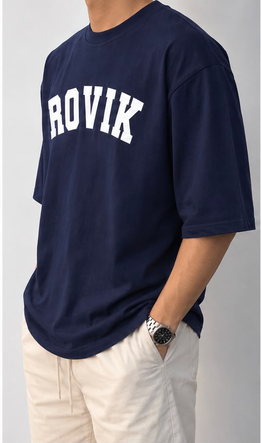 ROVIK Collegiate Arch Logo Oversized Tee – Navy Blue
