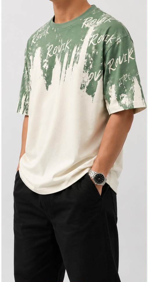 ROVIK Abstract Brush Graphic Oversized Tee – Sage Green & Cream